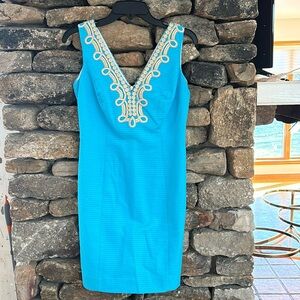 Lilly Pulitzer Dress teal blue with gold embroidered neckline 4